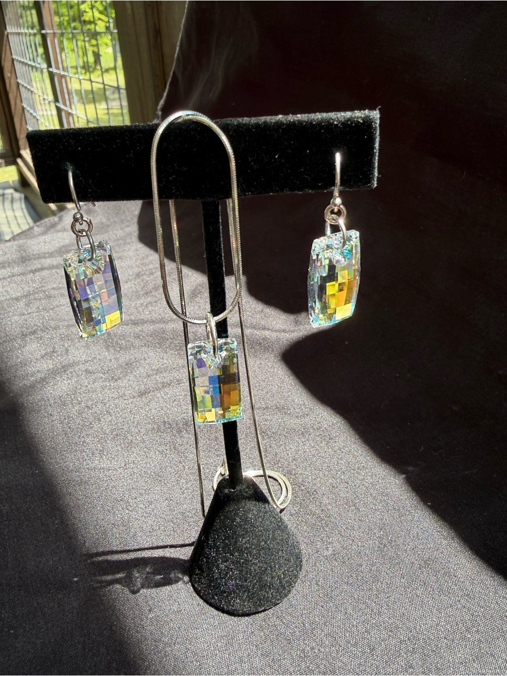Crystal Aurora Rectangle Drop Earrings and Necklace Set - Iridescent 925 Italy